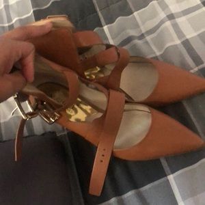 Tan high heels with 3 straps